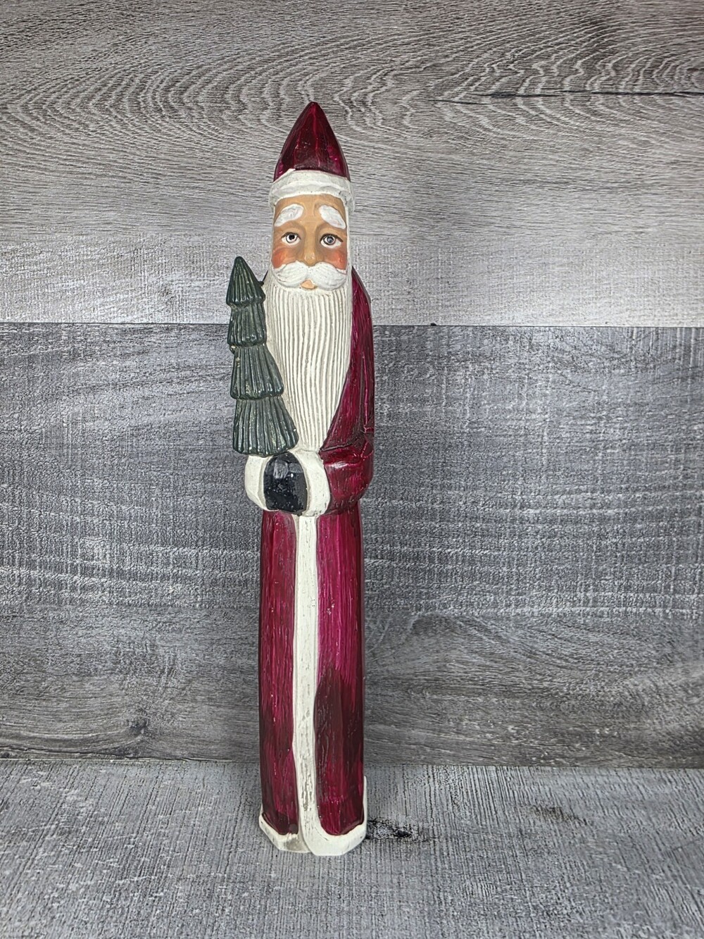 Vtg 13" Pencil Santa Figure Maroon Robe Rustic Christmas Folk Christmas b168